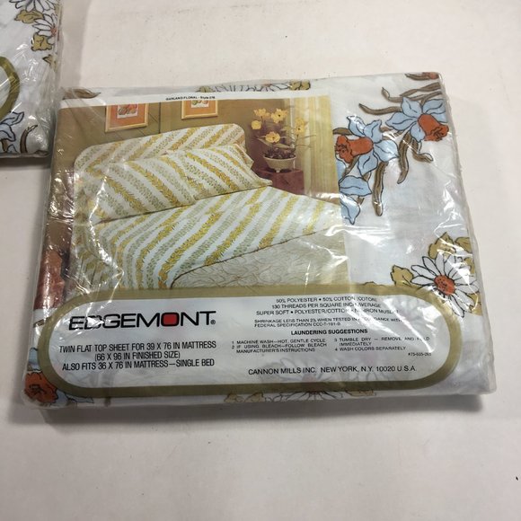 Vintage Edgemont Blue Brown Floral Twin Flat Fitted Sheet Set No Iron Muslin - Picture 6 of 6